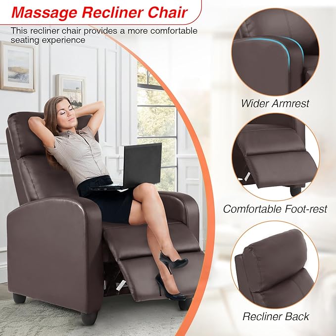 FDW Recliner Chair Massage Chair Reading Chair Reclining Sofa Home Theater Seating with Lumbar Support Massage and Padded Backrest for Living Room and Bedroom (Leather Brown)