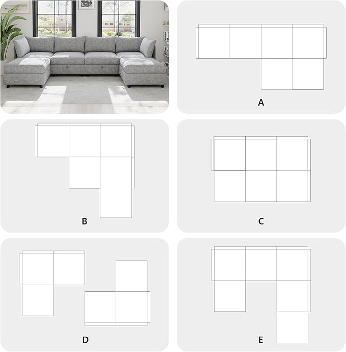 129” Modular Sectional Sofa Convertible 6 Person U Shaped Couch with Storage 2 Removable Ottomans &amp Deep Seats Memory Foam Comfy Modular Couch for Living Room (Grey 6 Seat)