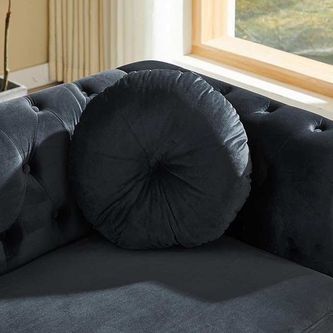 3-Seater Chesterfield Sofa and Loveseat Set Mid Century Modern Sofa Couch with Button Tufting &amp Rolled Arms Comfy Upholstered Velvet Deep Seat Couch Set for Living Room Office Black(2 Pieces)