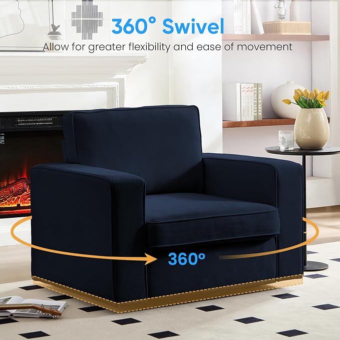 PUREMIND 360° Swivel Accent Chair Wide Upholstered Arm Chair with Wide Armrests Modern Square Sofa Living Room Chair for Bedroom Corner Reading Blue