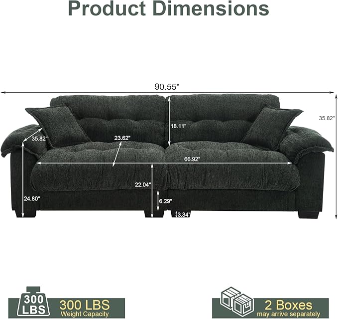 90.5 Modular Cloud Sofa 2 Seater Couch Oversized Loveseat with Armrest Pillow Comfy Tufted Couch Deep Seat Love Seats for Living Room Apartment Small Space- Green