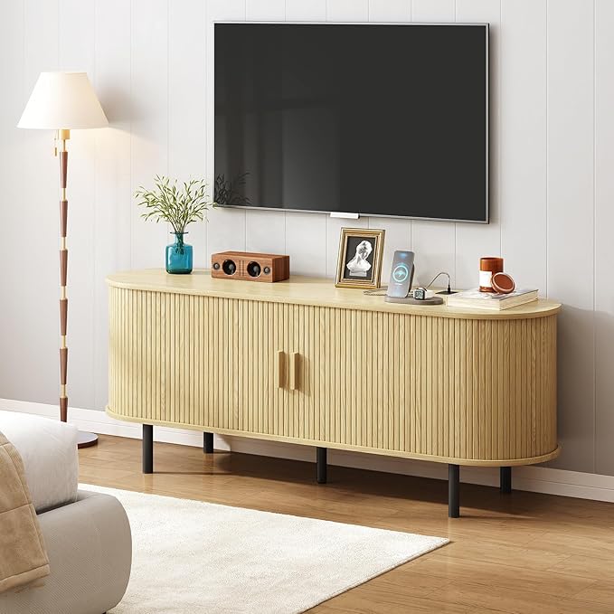 ONBRILL 63 TV Stand with Power Outlet for TVs up to 70 Inch Entertainment Center with Storage and Adjustable Shelves Modern Media Console with Sliding Doors for Living Room Oak