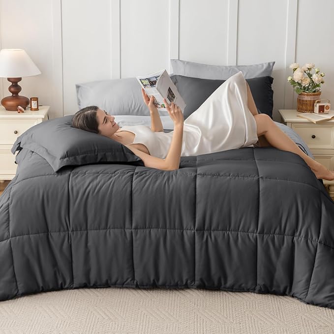 JOLLYVOGUE California King Comforter Set Ultra-Soft Bed in a Bag Cal King Size 7 Pieces Oeko-TEX Certified Bedding Set With Down Alternative Comforter Sheets Pillowcases &amp Shams Dark &amp Li