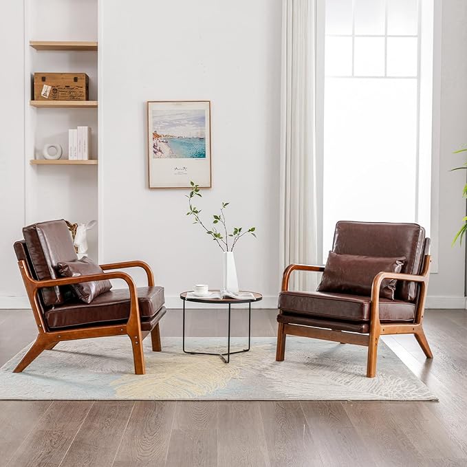 Brown Faux Leather Accent Chair- Comfy Solid Wood Arm Chair Mid Century Modern Armchair Lounge Sitting Decorative Office Side Chair Club Small Bedroom Reading Nook Sillas De Sala Living Room Furniture