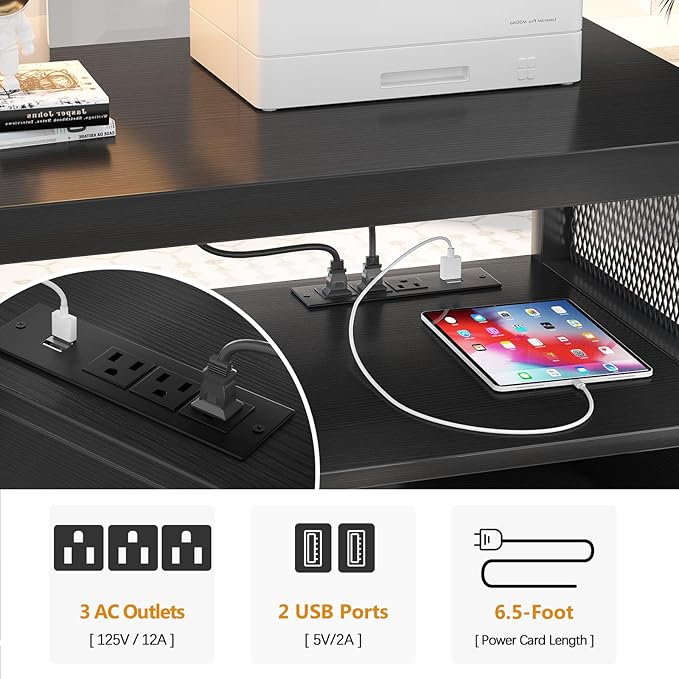 Unikito Lateral File Cabinet Locking Office Printer Stand with Sockets and USB Charging Ports Modern Rolling Printer Desk with Storage for A4 Letter Size and File Folders Black