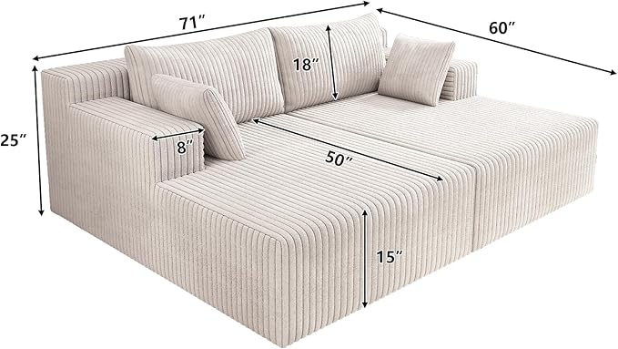 71-Inch Fluffy Corduroy Boneless Sleeper Daybed Loveseat Double Recliner Chaise Lounge Sofa Couches Floor Cloud Sofa Chaise W/4 Pillows for Home Apartment Living Room