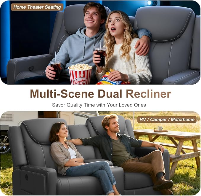 Loveseat Recliner Sofa Gray PU Leather Double Recliner Loveseat with Console Cup Holders Storage &amp USB Ports Ergonomics Manual Reclining Sofa Couch for Living Room RV