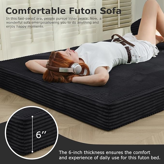 6-inch Folding Mattress Convertible Sofa Bed Foldable Floor Mattress Sleeping Couch with Removable Corduroy Cover &amp Carry Handles High-Density Foam Guest Bed Mattress (Black Queen)