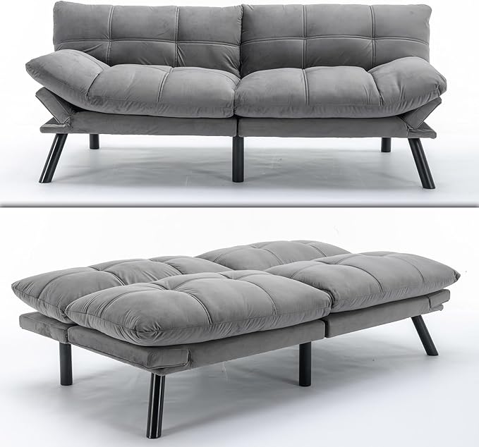 71 Velvet Futon Couch Bed with Mattress IncludedConvertible Folding Sleeper Sofa Bed with Adjustable BackrestsModern Loveseat Sleeper for Living Room Bedroom Small Space Home Office (Grey)