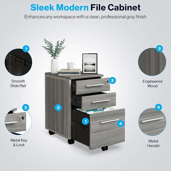 NBF Office Files Pedestal Cabinet - 3 Drawer File Cabinet with Lock - Laminate Office Filing Cabinets - Modern Mobile File Cabinet Document Storage (26 H Warm Ash)