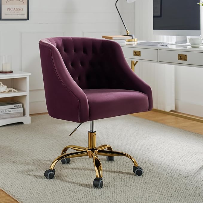 Velvet Home Office Chair with Gold Base Comfy Modern Cute Desk Chair Adjustable Swivel Task Chair for Study Living Room Bedroom Vanity Purple