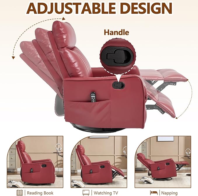 Slim Swivel Rocking Chair Recliner with PocketsLazy Boy Recliners for for AdultsSmall Recliner Chair for Small Spaces Manual Reclining Chair for Living Room Bedroom (Wine Red)