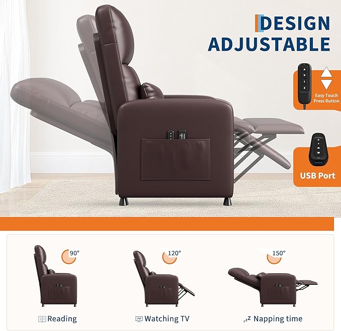 Power Recliner Chair Electric Recliner with Adjustable Backrest &amp Footrest Overstuffed PU Leather Sofa with 2 Side Pockets and USB Port for Living Room Home Theater Brown
