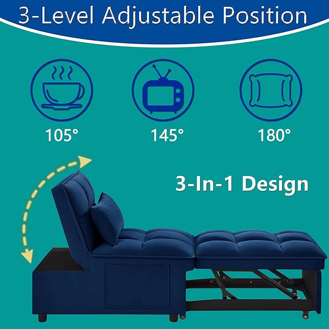 4 in 1 Sleeper Chair with Pullout BedConvertible Lazy Sleeper Sofa Chair withStorage Pockets &amp Adiustable Backrest forLiving Room (Navy)