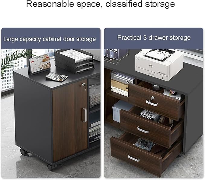 File Cabinet 3-Drawer File Cabinet Mobile Lateral Filing Cabinet On Wheels Printer Stand Home Office Under Desk Storage(Color:Dark Coffee Color)