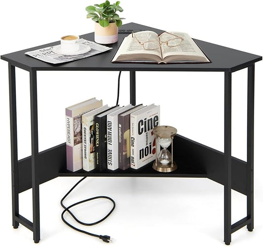 COSTWAY Corner Computer Desk with USB Ports &amp Power Outlet Storage Shelf for Small Space Triangle Steel Frame Corner Desk for Home Office Workstation (Black)