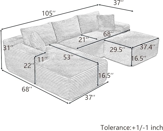 KEIKI 3 Seater Corduroy Boneless Modular Sectional Couch Sofa with Oversized Chaise Lounge Ottoman &amp Back Cushions Deep Seat Modern L-Shape Cloud Compressed Sofa Couches for Living Room Bedroom