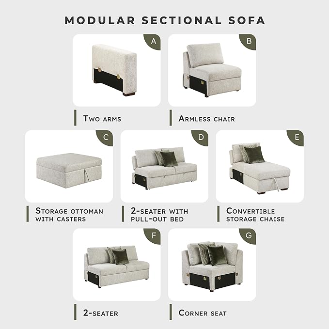 Lexicon Modular Sectional Sofa Module for Sectional Couch Armless Convertible 2 Seater with Pull-Out Bed Adjustable Backrests Removable Back Cushion Cover 2 Pillows Microfiber Sand