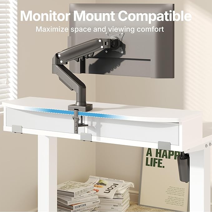 HUANUO 32 x 21 inch Small Electric Standing Desk with 2 Drawers C-Clamp Mount Compatible Height Adjustable Sit Stand Desk Home Office Stand Up Desk with 4 Memory Height Settings White