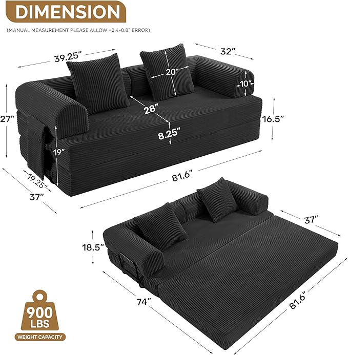 Convertible Corduroy Sleeper Sofa Bed with Cylindrical Pillow Folding Mattress Couch with Fixed-Shape Frame Floor Sofa Lounge Couch for Living Room Bedroom Lounge Studio Black