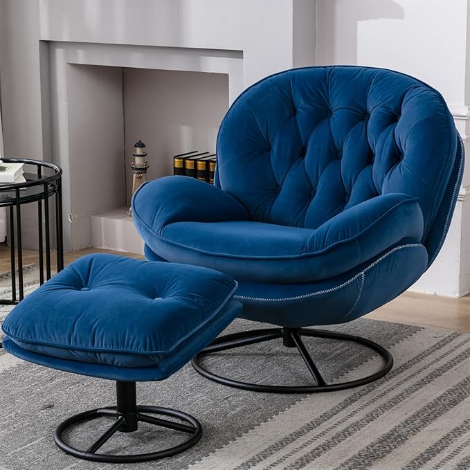 JINS&ampVICO Swivel Accent Chair Armchair with OttomanVelvet Lounge ChairComfy Living Room ChairLazy Sofa for BedroomApartmentReading RoomBlue