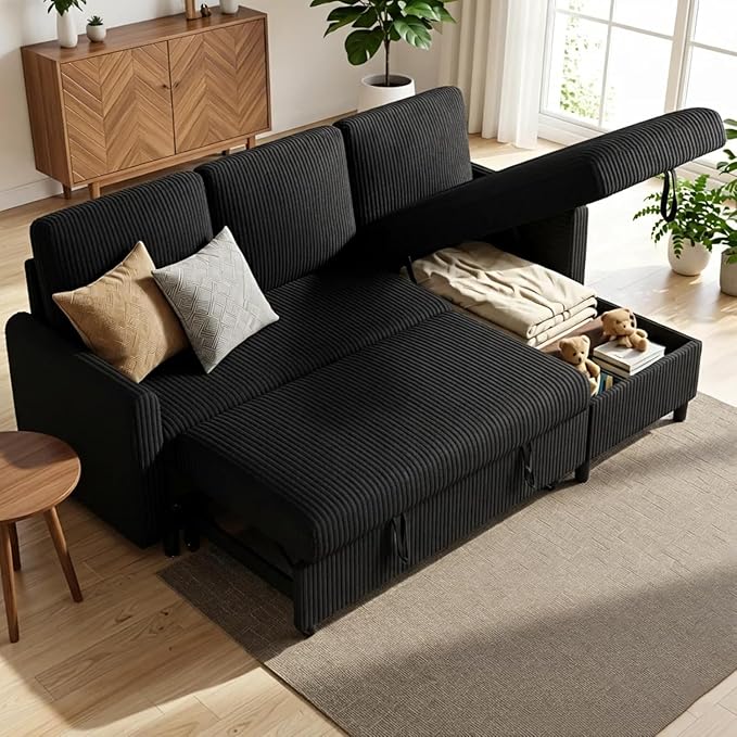 JAMFLY Pull Out Sleeper Sofa Bed with Storage Chaise L-Shaped Corduroy Sectional Couch 3-Seater Convertible Sofa with Hidden Storage for Small Living Room Apartment Office Black