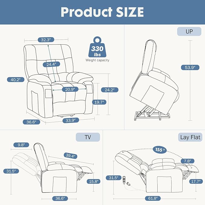 DUMOS Power Lift Recliner Chair with Vibration Massage and Heat for Elderly Ergonomic Overstuffed Breathable Fabric Reclining Chair with 3 Pockets Remote Control Living Room Bedroom Grey