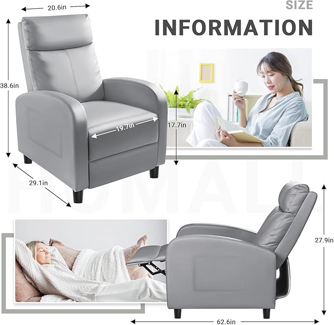 Homall Recliner Chair Recliner Sofa for Adults Recliners Home Theater Seating with Lumbar Support Reclining Sofa Chair for Living Room (Leather Grey)