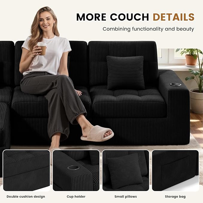 112 L Shaped Cloud Boneless CouchModern Modular Sectional Sofa with Layered CushionNo Assembly Convertible Corduroy Couches for Living RoomBlack 1 PCS