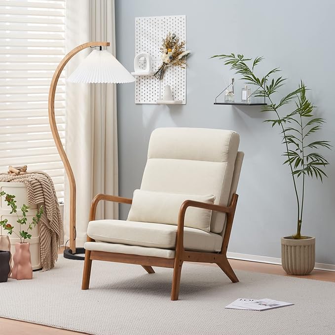 Mid-Century Modern Accent Chair with CushionHigh Back Solid Wood Armrest Chairs Backrest Linen Fabric Indoor Leisure Chair for Living RoomBedroomReadingBalcony (Beige)