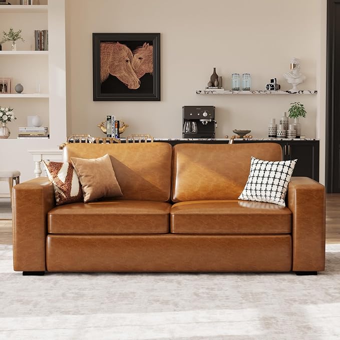 ABCASA 85 Faux Leather Couch with Padded Cushions Mid-Century Modern Sofa with Extra Deep Seats 3-Seater Sofa Couch for Living Room Apartment Lounge Brown