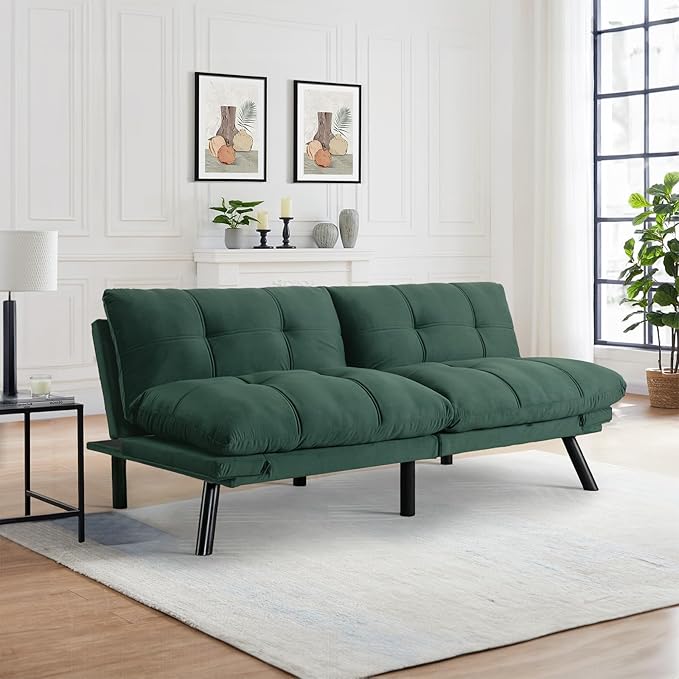 Convertible Velvet Futon Sofa Bed Comfy 72 L Sleeper Couch with Thicker Cushion Upholstered Modern Reclining Loveseat Folding Sofa for Small Living Room Dorm Apartment Office Emerald