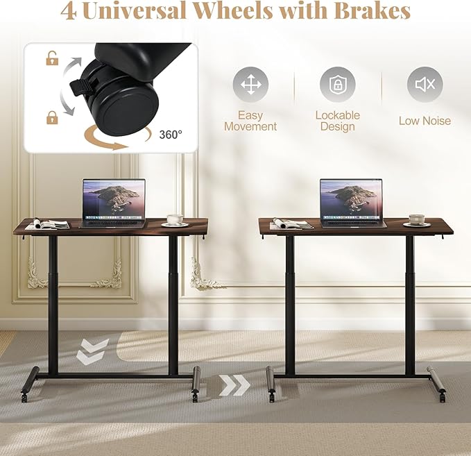 Giantex Mobile Standing Desk Height Adjustable Computer Desk with Wheels &amp Aluminum Frame C Shaped Sofa Side Table Portable Laptop PC Workstation Compact Rolling Desk for Small Space (Brown)