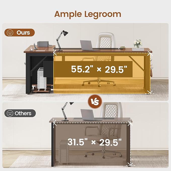 SEDETA 71 Executive Desk with Rolling File Cabinet Large Office Desk with Drawers L Shaped Computer Desk with Power Outlets CPU Stand Pegboard and Storage Shelves Brown