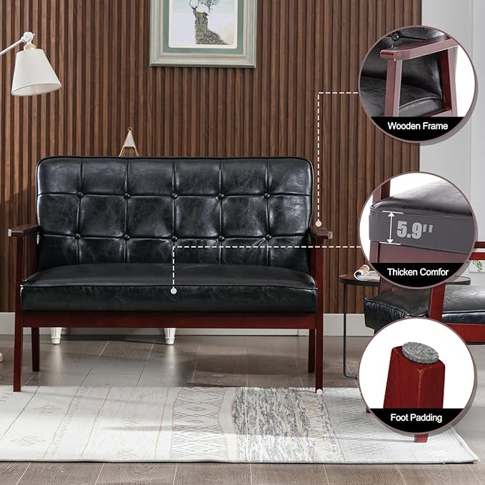 Okeysen Modern Loveseat Sofa Set (Black) - Ergonomic Leather Mid-Century Design 2-Seat &amp Accent Chair Small Spaces Furniture Living Room Apartment Office