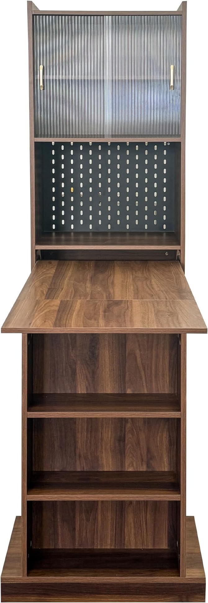Convertible Folding Desk - Space Saving Foldable Computer Desk with Sliding Glass Doors Open Shelves &amp Pegboard Fold Out Writing Study Table for Small Spaces Home Office Walnut