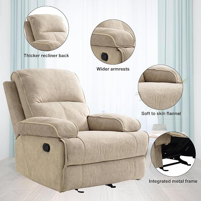 Manual Rocker Recliner Chair for Adults High Back Glider with Deep Seat Upholstered Fabric Armchair for Living Room &amp Nursery Flaxen