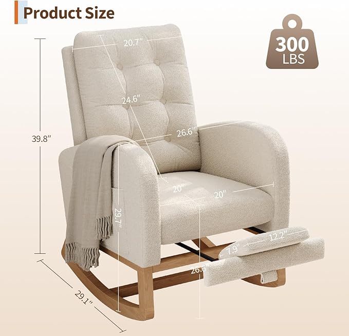 GarveeHome Nursery Rocking Chair with Adjustable Footrest Teddy Fleece Upholstery Sturdy Wooden Legs &amp High Backrest Comfortable Glider Rocking Chair for Living Room or Bedroom White