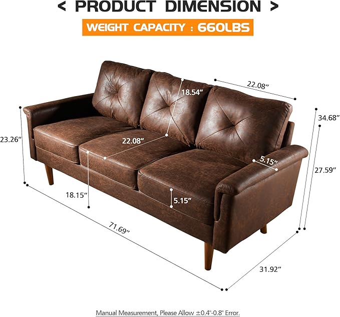 HOOOWOOO 72 Faux Leather Couch Small Sofa Living Room Couch 3 Seater Sofa Modern with Button Tufted Back Cushioned Square Arm for Small Bedroom ApartmentDark Brown