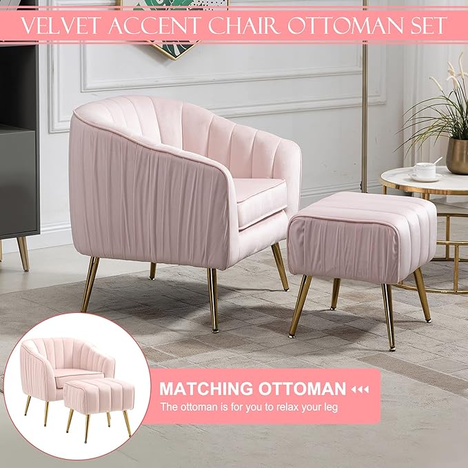 Velvet Accent Sofa Chair with Ottoman Comfy Living Room Chairs with Adjustable Legs Modern Upholstered Tufted Lounge Barrel Chair Ottoman Set for Bedroom Home Office (Pink)