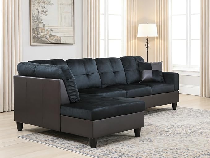 103.5 Inch Modern L-Shaped Couch Flannel Sectional Sofa with Chaise Lounge 4-Seater Couch with Accent Pillows for Living Room Apartment Dark Blue &amp Brown