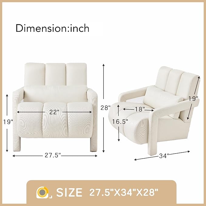 Accent Chair Modern Upholstered Armchair with Pillow Breathable Linen Fabric Comfy Reading Chair for Living Room Bedroom Small Spaces Office Study Beige