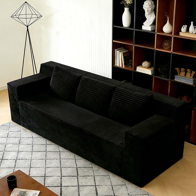 71 Small Boneless Couch Corduroy 3 Seater Couch for Living Room with 3 Pillows &amp Armrests Deep Seat Sofa for Small Spaces Apartment﻿ (Antique Black) | Small Boneless Couch