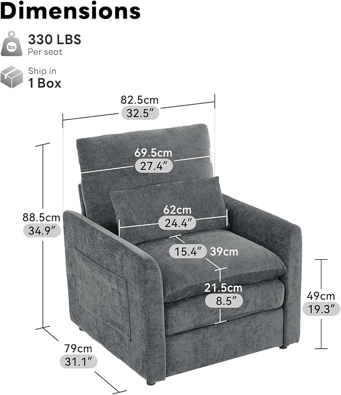 Tbfit Living Room Arm Chair Modern Accent Chairs Cloud Single Sofa Spring Seat Cushion Comfy Lumber Pillow Chenille Fabric Removable Cover Soft Upholstered Furniture Home Apartment Gray