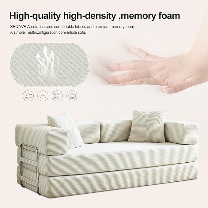 79 Boneless Sofa Bed 5-in-1 No-Assembly Convertible Sleeper Couch with Fixed Frame Armrests Modular Corduroy Futon Compressed in a Box for Space Saving (Beige Includes 2 Pillows)