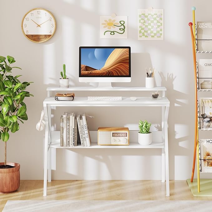 Giantex Small Desk with Storage Compact Computer Desk for Small Spaces with Monitor Stand Metal Frame &amp Earphone Hook Laptop PC Table Modern Writing Desk for Home Office Bedroom (White)