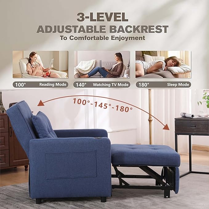 Convertible Chair Bed Sleeper for Adults 3 In 1 Sofa Bed Chair with USB Bedroom Sleeper Chair Pull Out Beds with Adjustable Back &amp PocketFabric Chair That Turns Into Beds For Living Room(Navy B