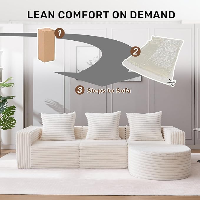 Boneless Cloud Couch Modular Sectional Sofa L-Shape with Chaise 102 Soft Faux Fur Deep Seat &amp 3 Pillows &amp 2 Side Pockets for Living Room Bedroom (Beige Right Chaise)