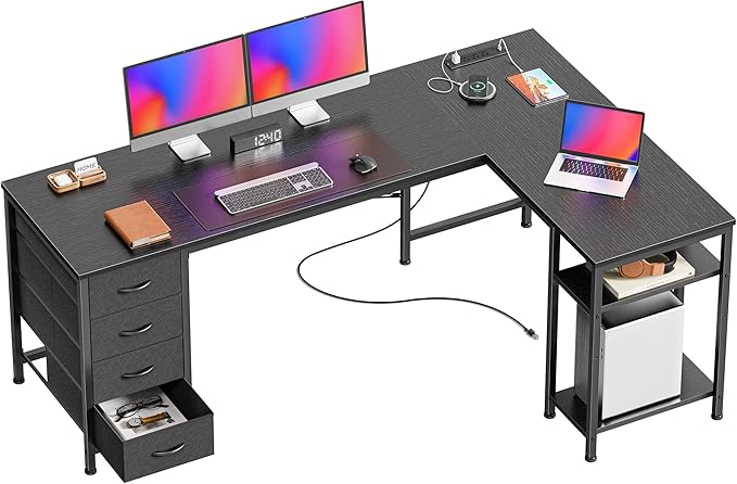 Huuger 63 Inch L Shaped Desk with Fabric Drawers Reversible Computer Gaming Desk with Power Outlets and USB-C Port Adjustable Side Storage Shelves for Work Study Corner Home Office Black