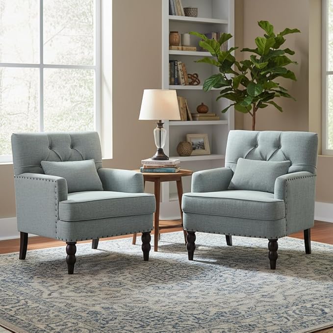 HUIMO Accent Chairs Set of 2 Tufted Club Chair Set of 2 with Lumbar PillowUpholstered Button Armchair Linen Fabric Sofa Chairs for Bedroom Living Room Mid Century Modern Reading ChairLight Blue